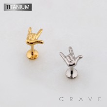 3D ROCK ON SIGN OF THE HORNS TOP THREADLESS PUSH IN ASTM F136 IMPLANT GRADE TITANIUM LABRET SET